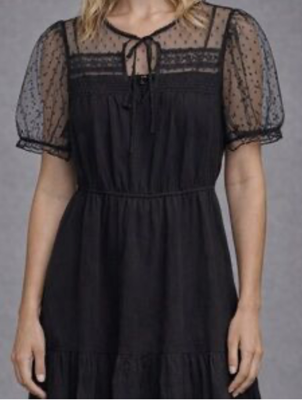 E & M Black Swiss Dot Sheer Lace Short Belted Dress Size Medium